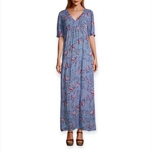 Artesia Boho Floral Tiered Maxi Dress Short Sleeve V Neck Sz M Blue Pink #242D